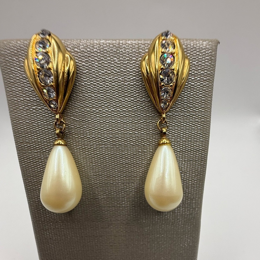 Vintage Monet Pearl & Rhinestone Drop Earrings